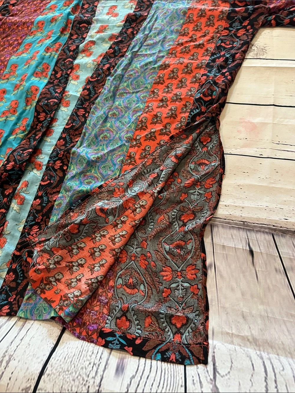 Boho Patchwork Kimono Cardigan - Teal, Red, Black